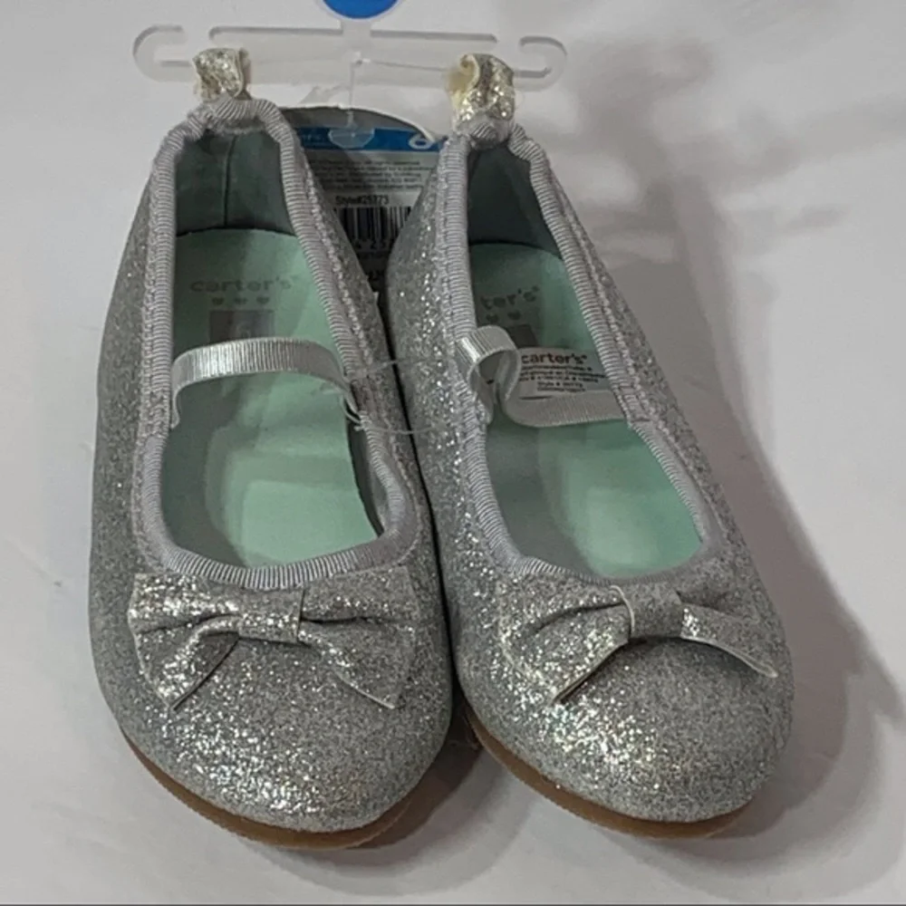 NWT Carter’s Silver Glitter Ballet Flats with a Bow and Strap Embellishment